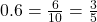 0.6= \frac{6}{10}= \frac{3}{5}